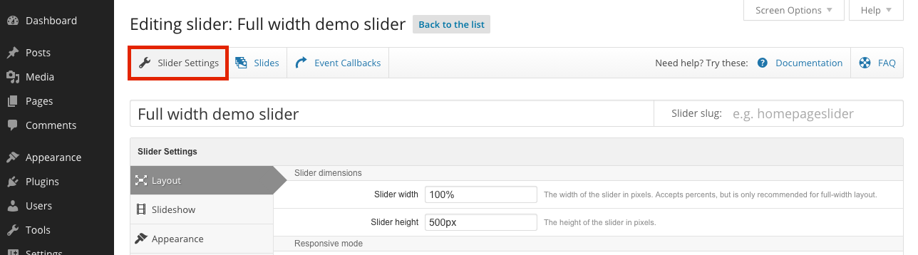 slider settings
